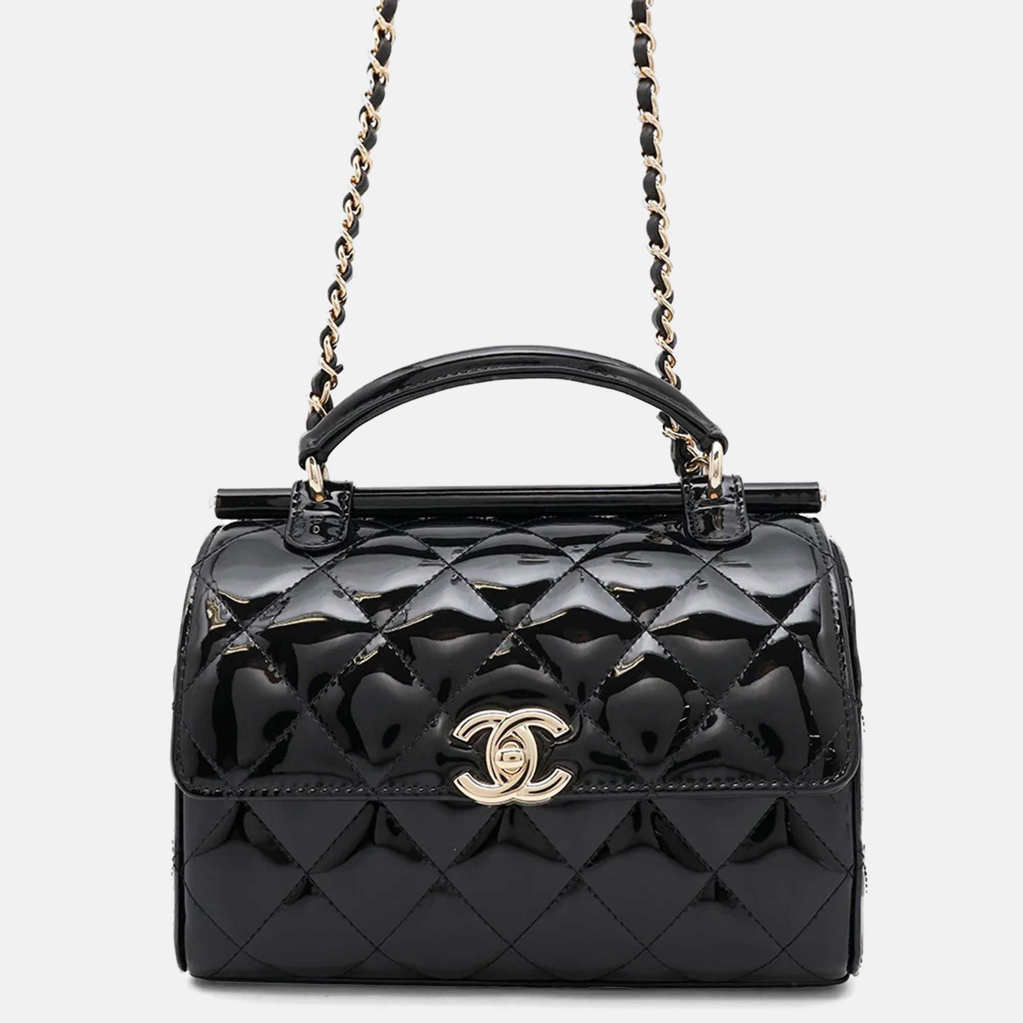 Chanel Matelasse Top Handle Chain shoulder Bag Black Patent Leather
Chanel Matelasse Top Handle Chain shoulder Bag Black Patent Leather