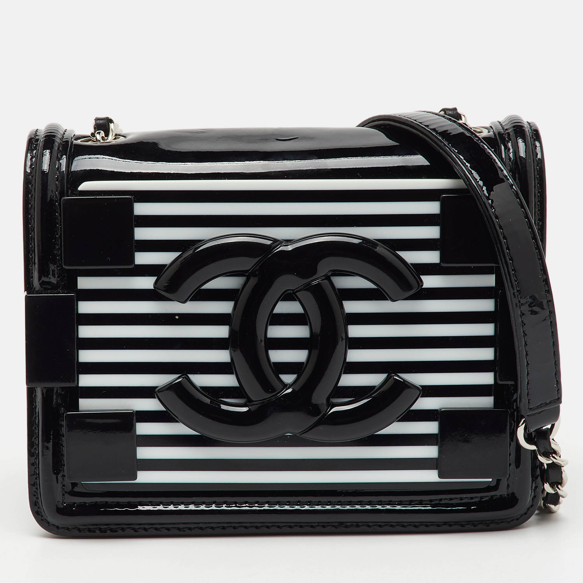 Chanel Black Patent Leather Plexiglass Striped CC Mini Boy Brick Flap Bag