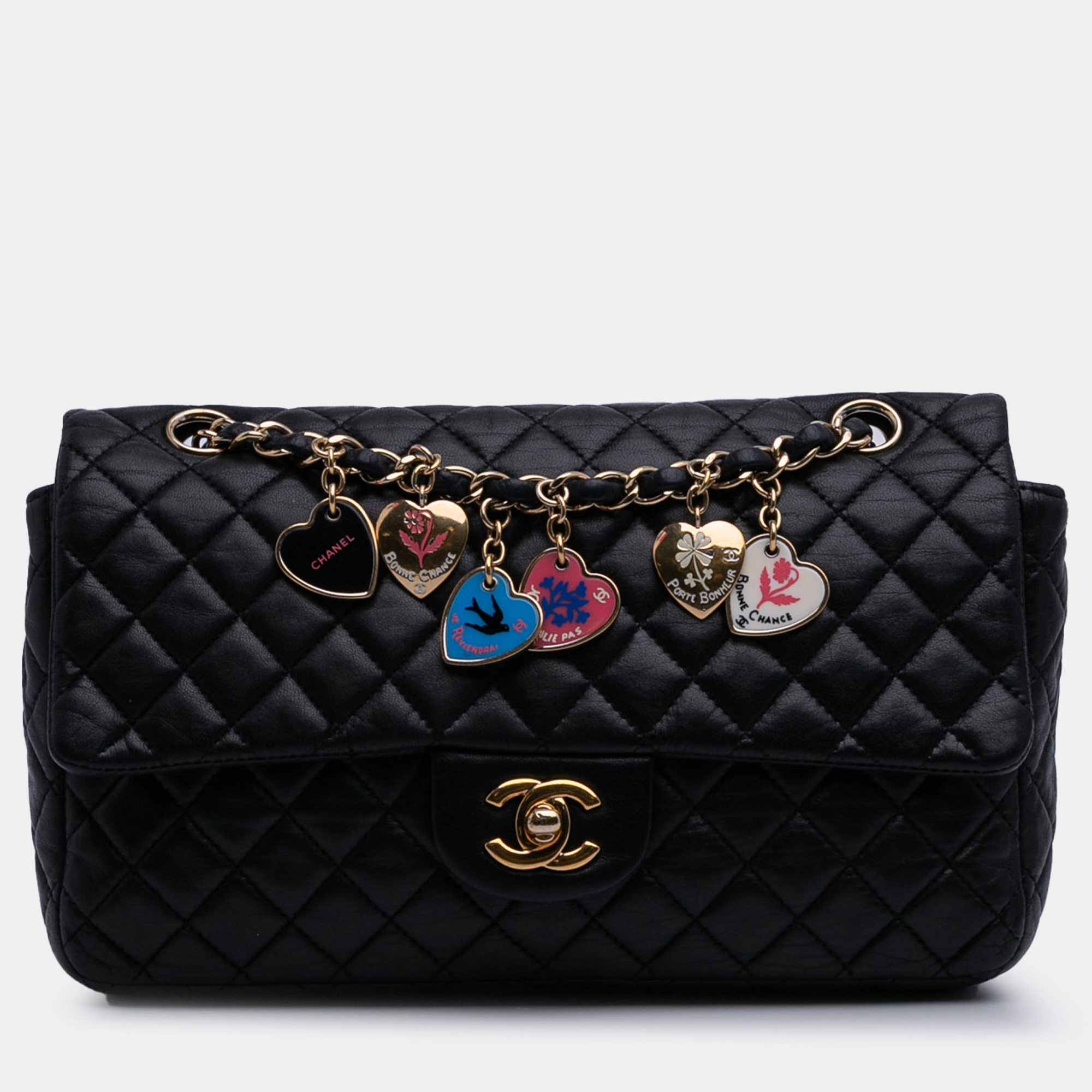 Chanel Black Medium Classic Lambskin Valentines Heart Charms Single Flap
Chanel Black Medium Classic Lambskin Valentines Heart Charms Single Flap