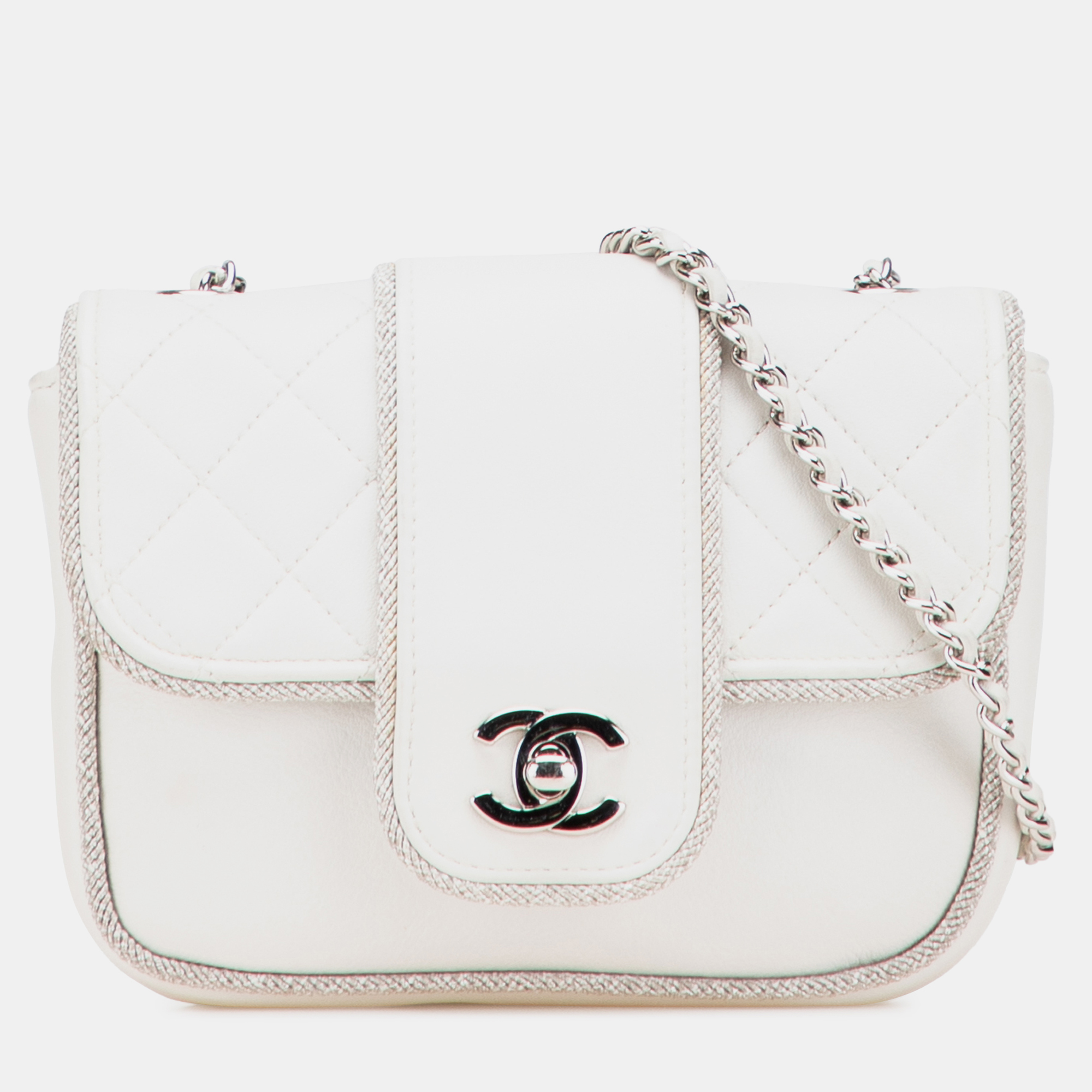 Chanel White Mini Quilted Lambskin and Metallic Trim Elementary Chic Flap
Chanel White Mini Quilted Lambskin and Metallic Trim Elementary Chic Flap