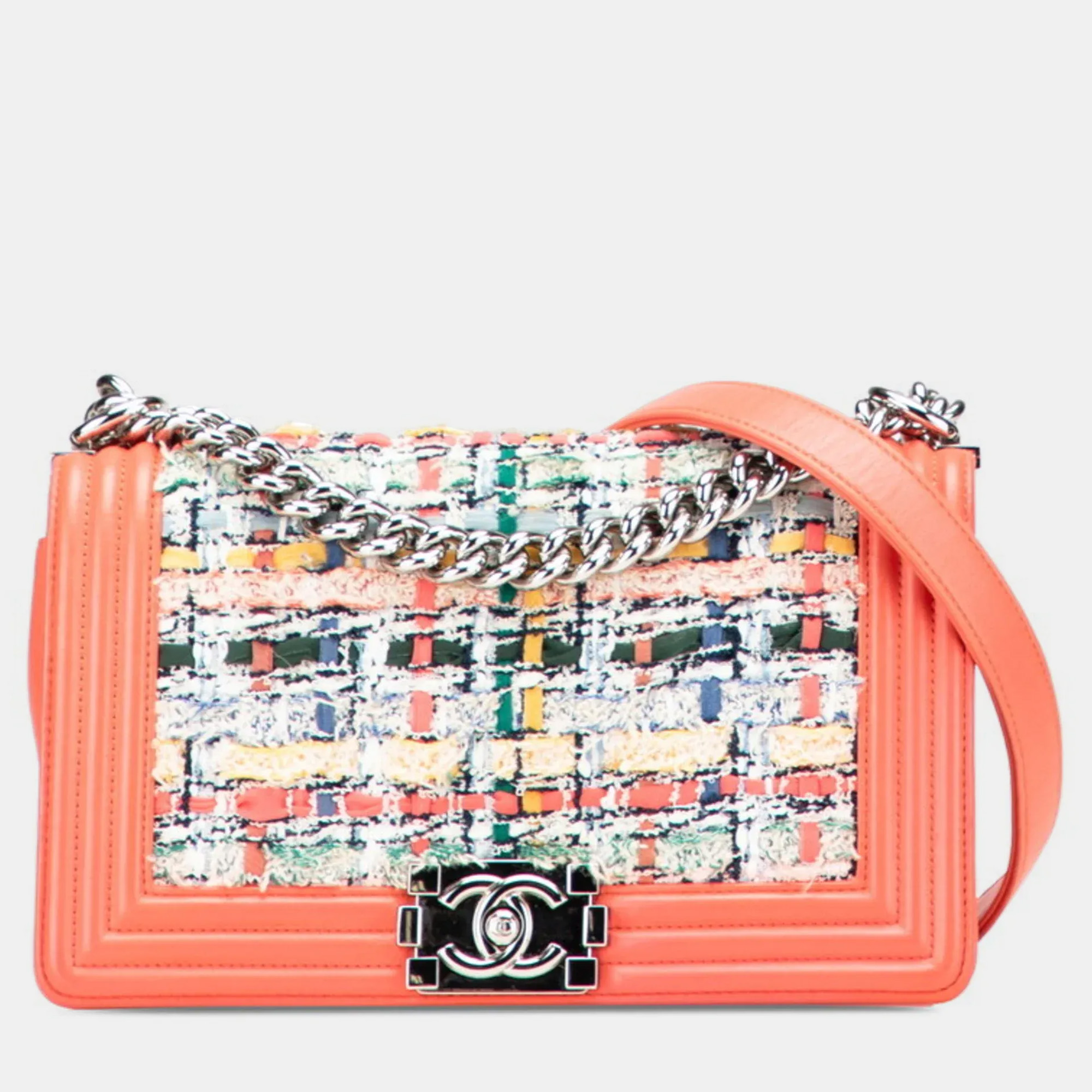 Chanel Boy Orange Multicolored Tweed Leather Shoulder Bag, Multicolor 
Chanel Boy Orange Multicolored Tweed Leather Shoulder Bag, Multicolor
