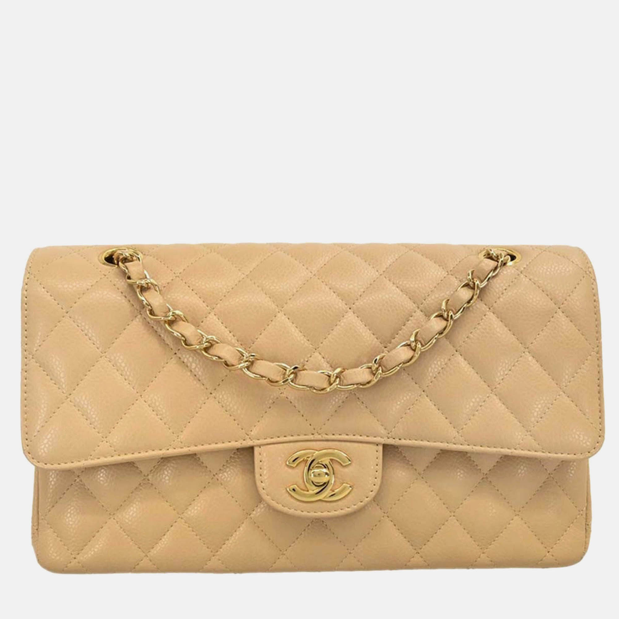 Chanel Beige Calfskin Medium Classic Double Flap Shoulder Bag 
Chanel Beige Calfskin Medium Classic Double Flap Shoulder Bag