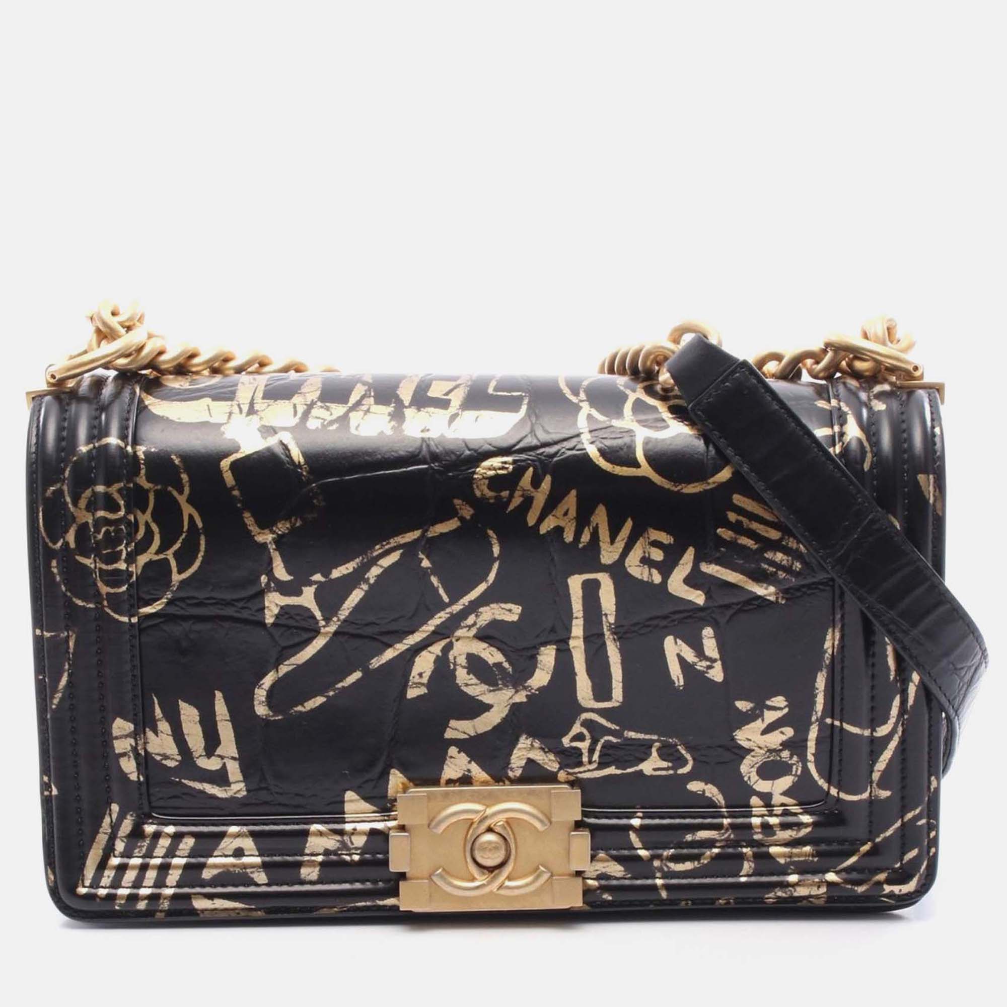 Chanel Embossed Graffiti Boy Leather Shoulder Bag, Black
Chanel Embossed Graffiti Boy Leather Shoulder Bag, Black