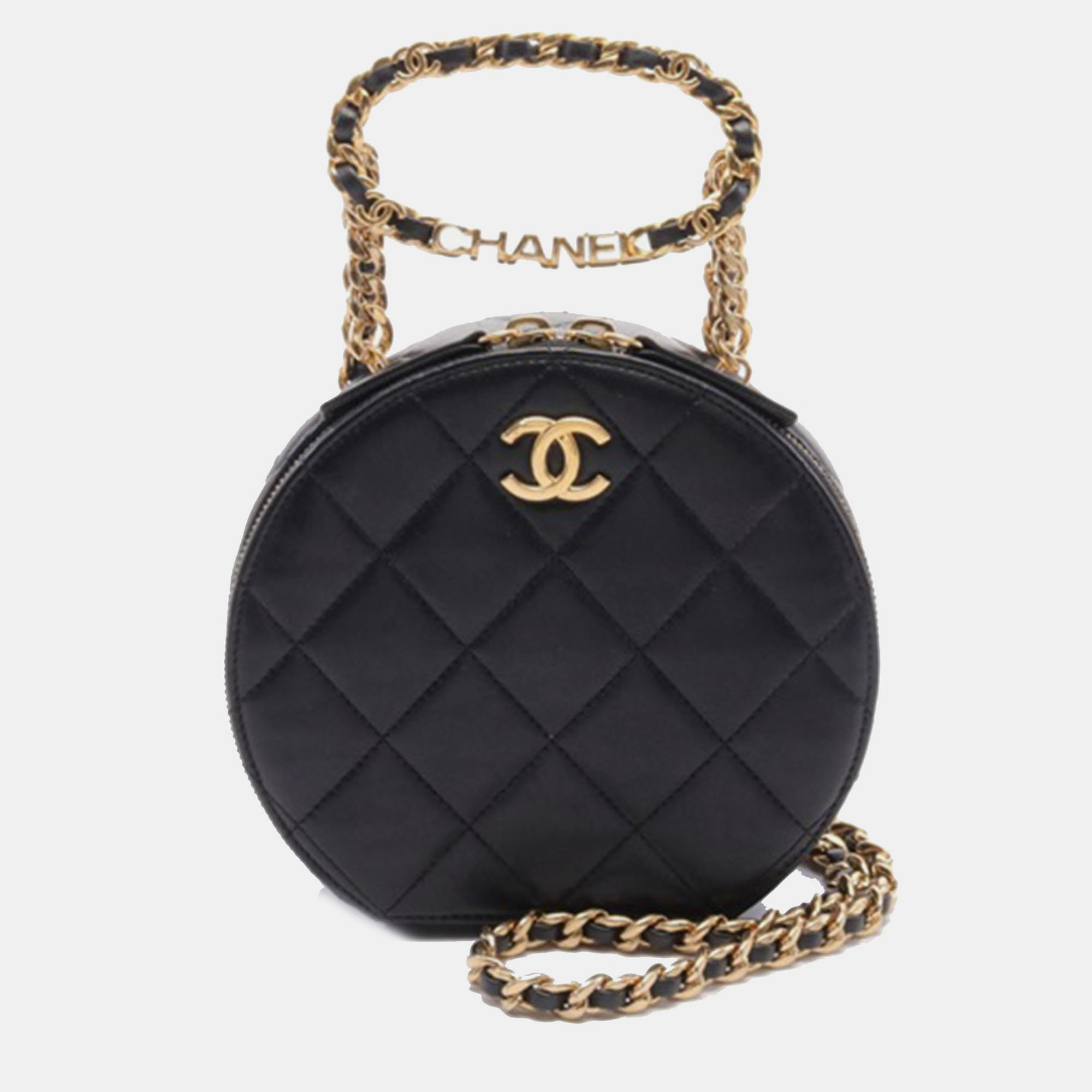 Chanel Black Quilted Lambskin Oval Logo Chain Top Handle Round Clutch on Chain
Chanel Black Quilted Lambskin Oval Logo Chain Top Handle Round Clutch on Chain