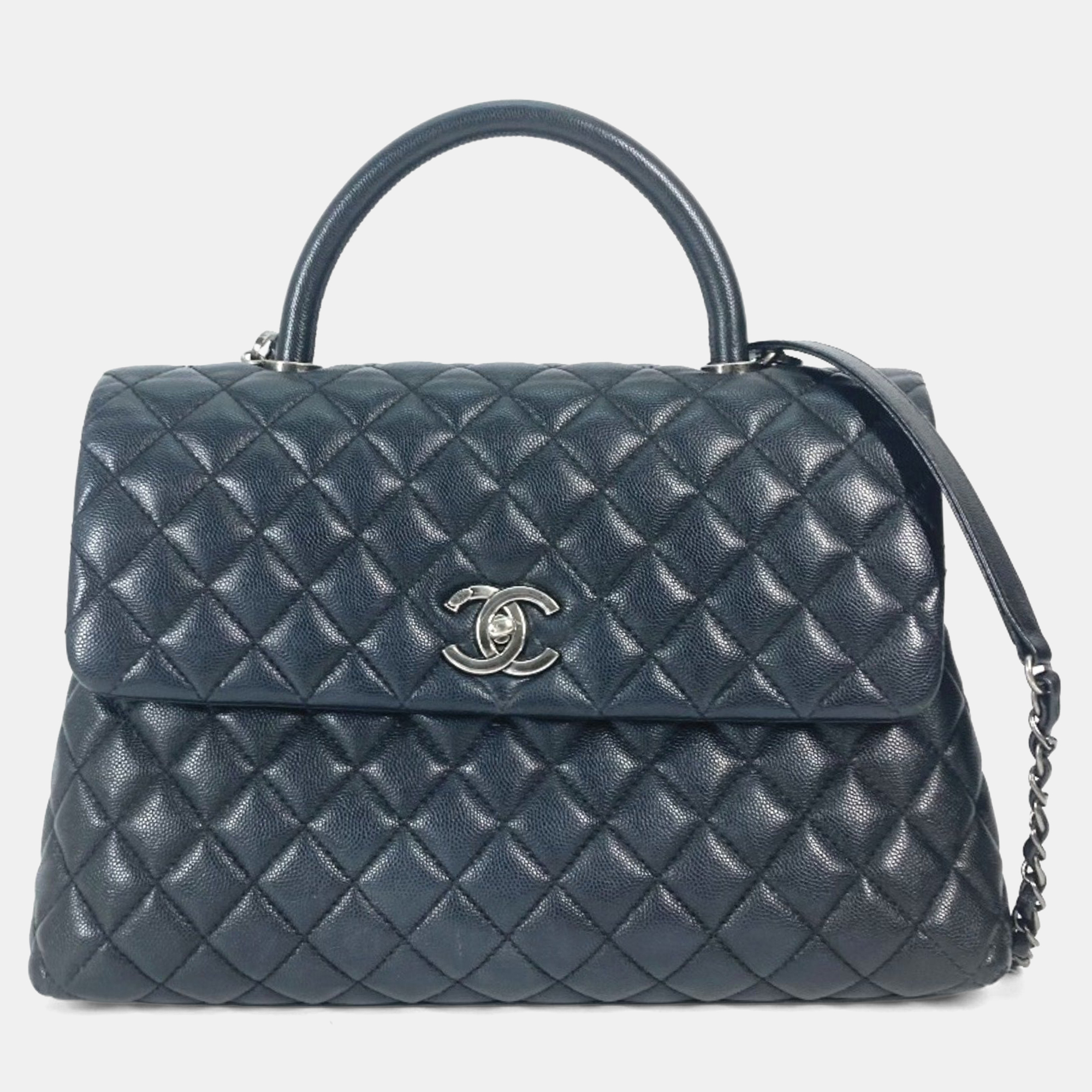 Chanel Cc Coco Mark Quilted Matelasse Blue Caviar Skin 2-Way Top Handle Chain Shoulder Bag 
Chanel Cc Coco Mark Quilted Matelasse Blue Caviar Skin 2-Way Top Handle Chain Shoulder Bag