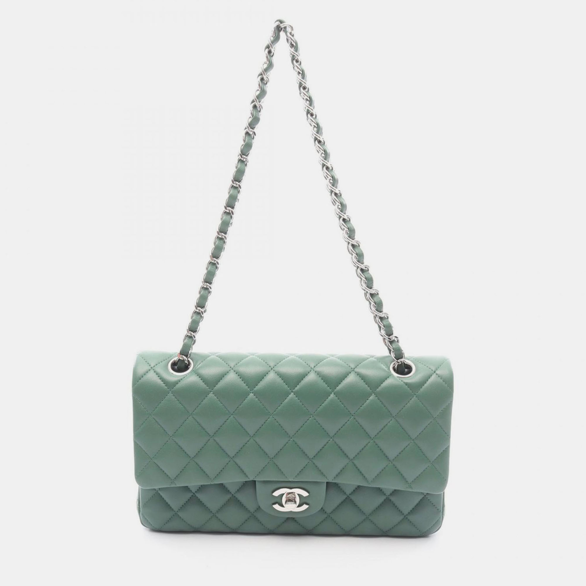 Chanel Classic Double Flap Green Leather Shoulder Bag 
Chanel Classic Double Flap Green Leather Shoulder Bag