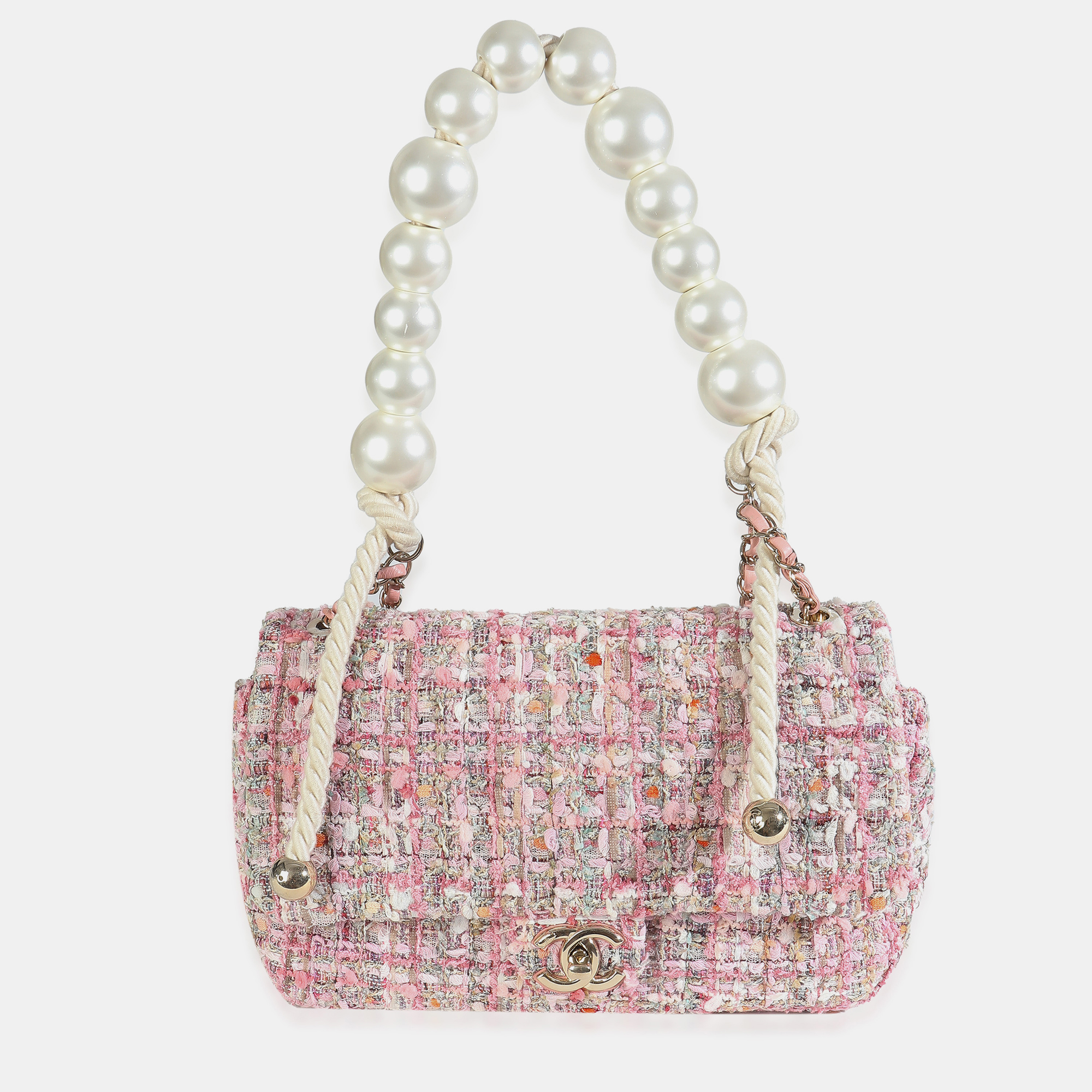 Chanel Pink Beige Orange Ecru Tweed Medium Pearl Handle Flap Bag
Chanel Pink Beige Orange Ecru Tweed Medium Pearl Handle Flap Bag