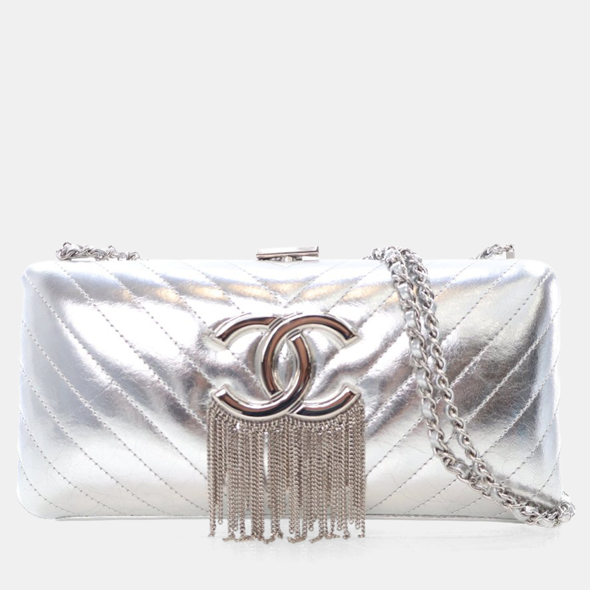 Chanel Silver Lambskin Chevron Fringe Clutch on Chain
Chanel Silver Lambskin Chevron Fringe Clutch on Chain