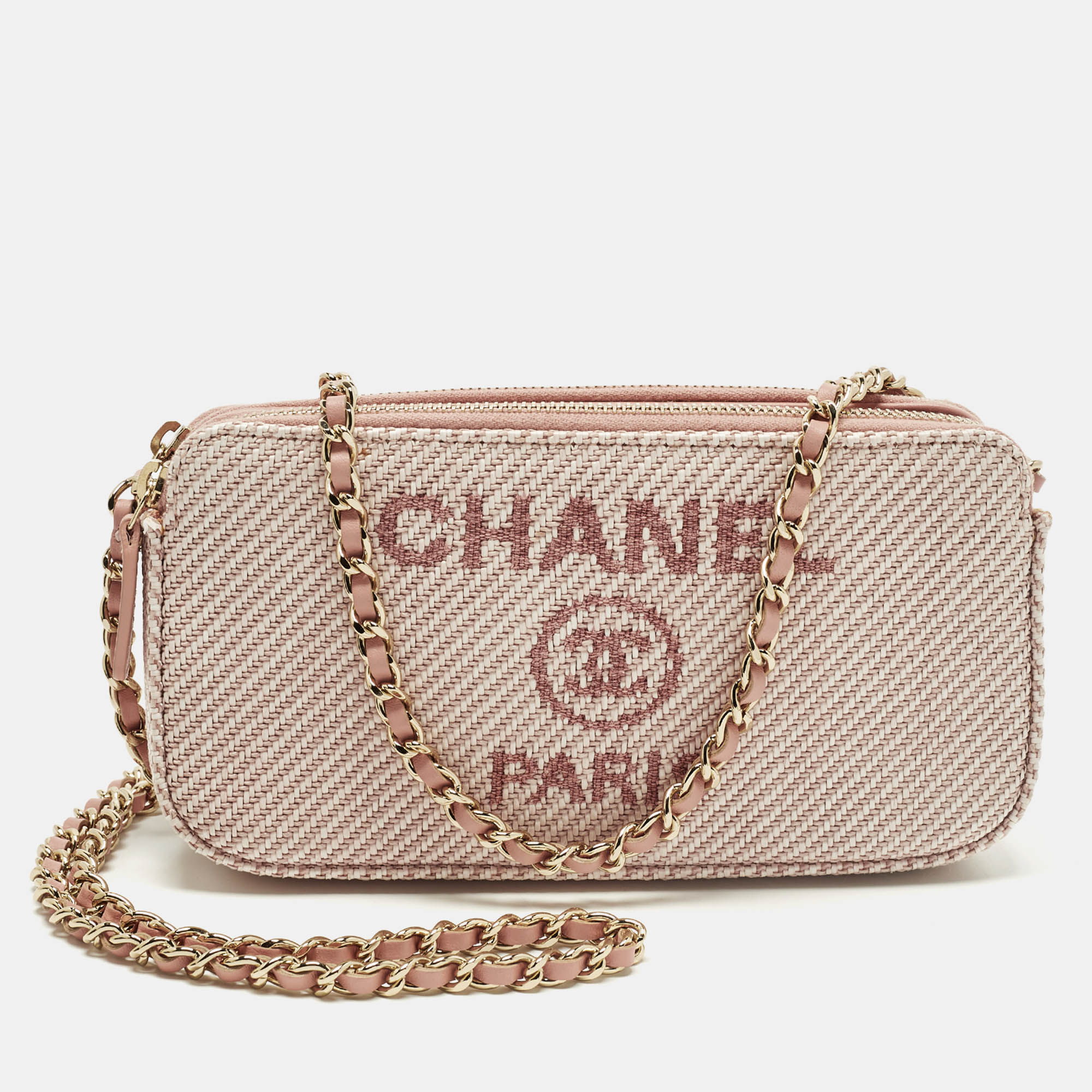 Chanel Deauville Double Zip Pink Fabric Chain Clutch
Chanel Deauville Double Zip Pink Fabric Chain Clutch