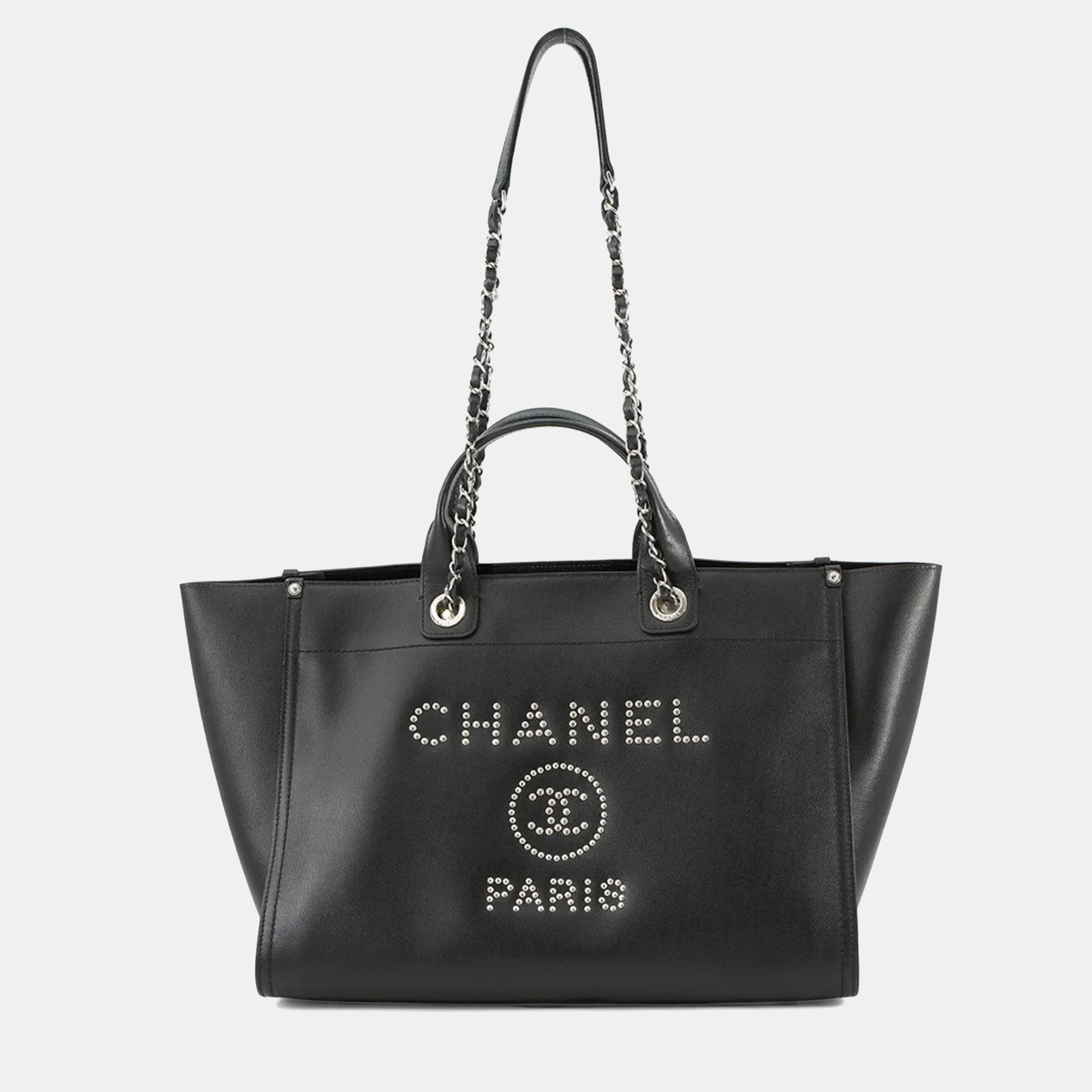 Chanel Deauville Coco Mark Studded Large Caviar Leather Tote Bag Black
Chanel Deauville Coco Mark Studded Large Caviar Leather Tote Bag Black