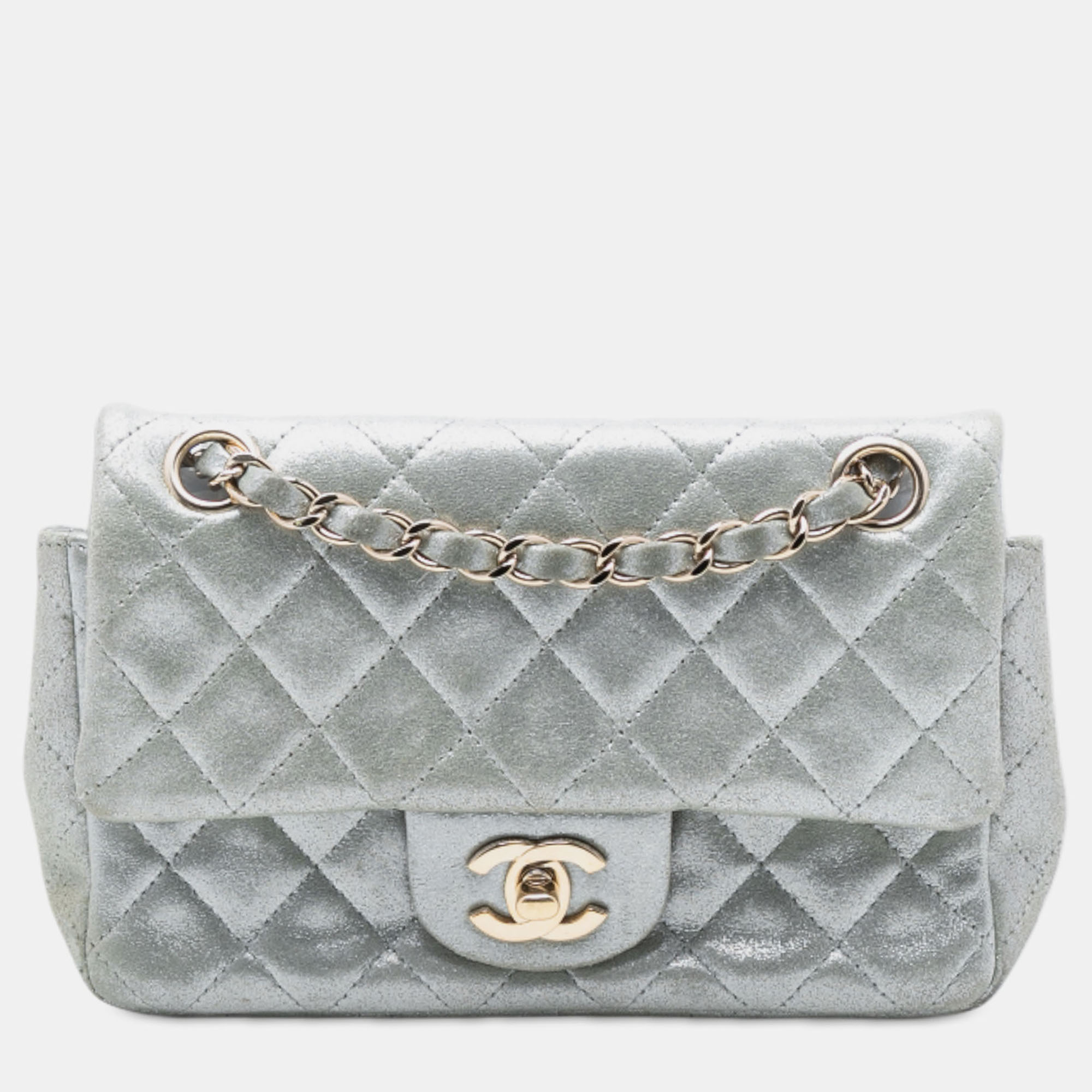 Chanel Silver Mini Rectangular Classic Iridescent Lambskin Single Flap
Chanel Silver Mini Rectangular Classic Iridescent Lambskin Single Flap