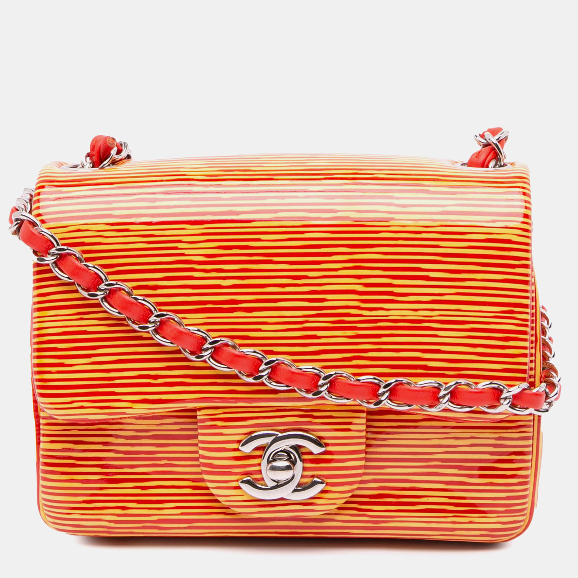 Chanel Orange Mini Square Classic Patent Striped Single Flap
Chanel Orange Mini Square Classic Patent Striped Single Flap