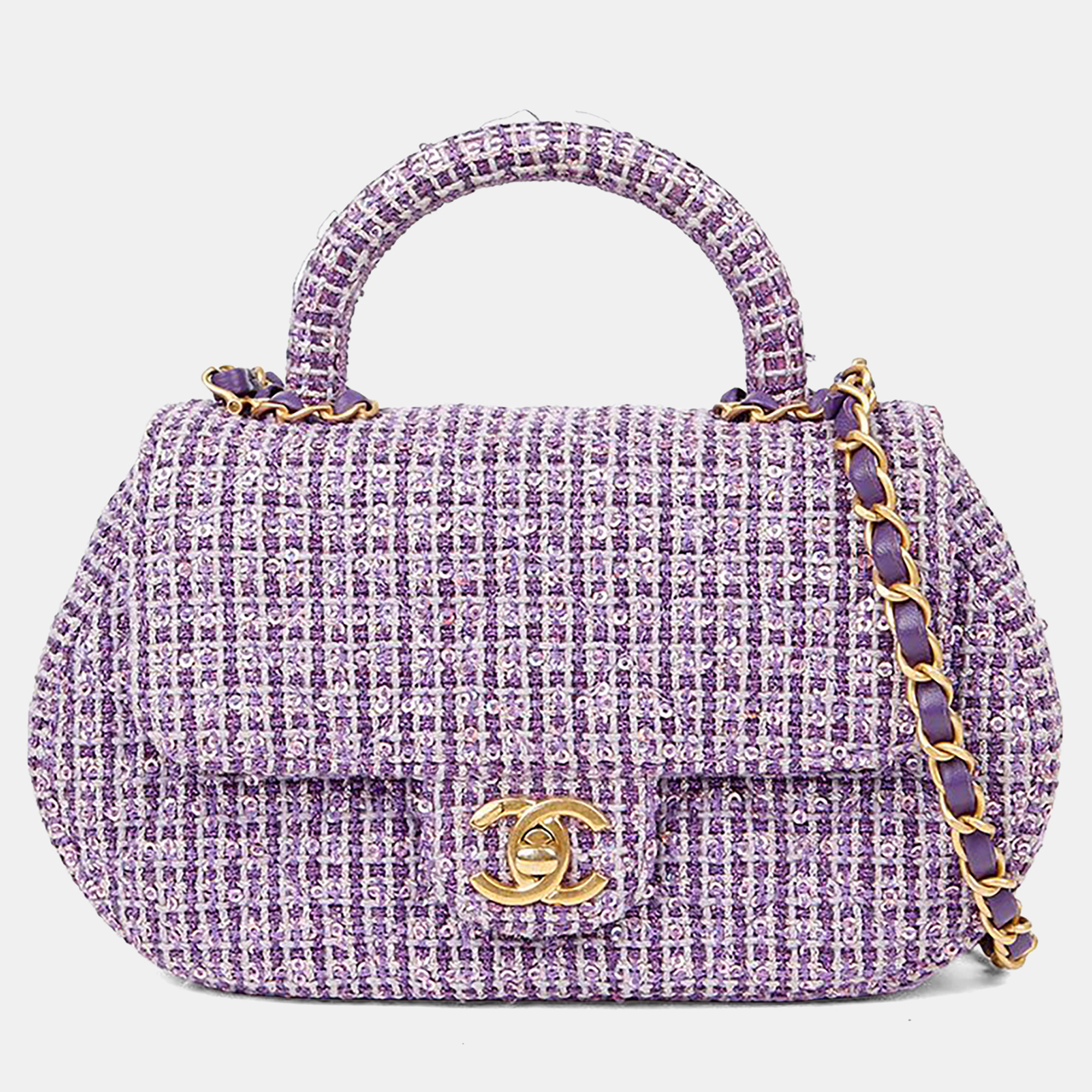 Chanel CC Logo Small Purple Tweed Top Handle Shoulder Bag
Chanel CC Logo Small Purple Tweed Top Handle Shoulder Bag