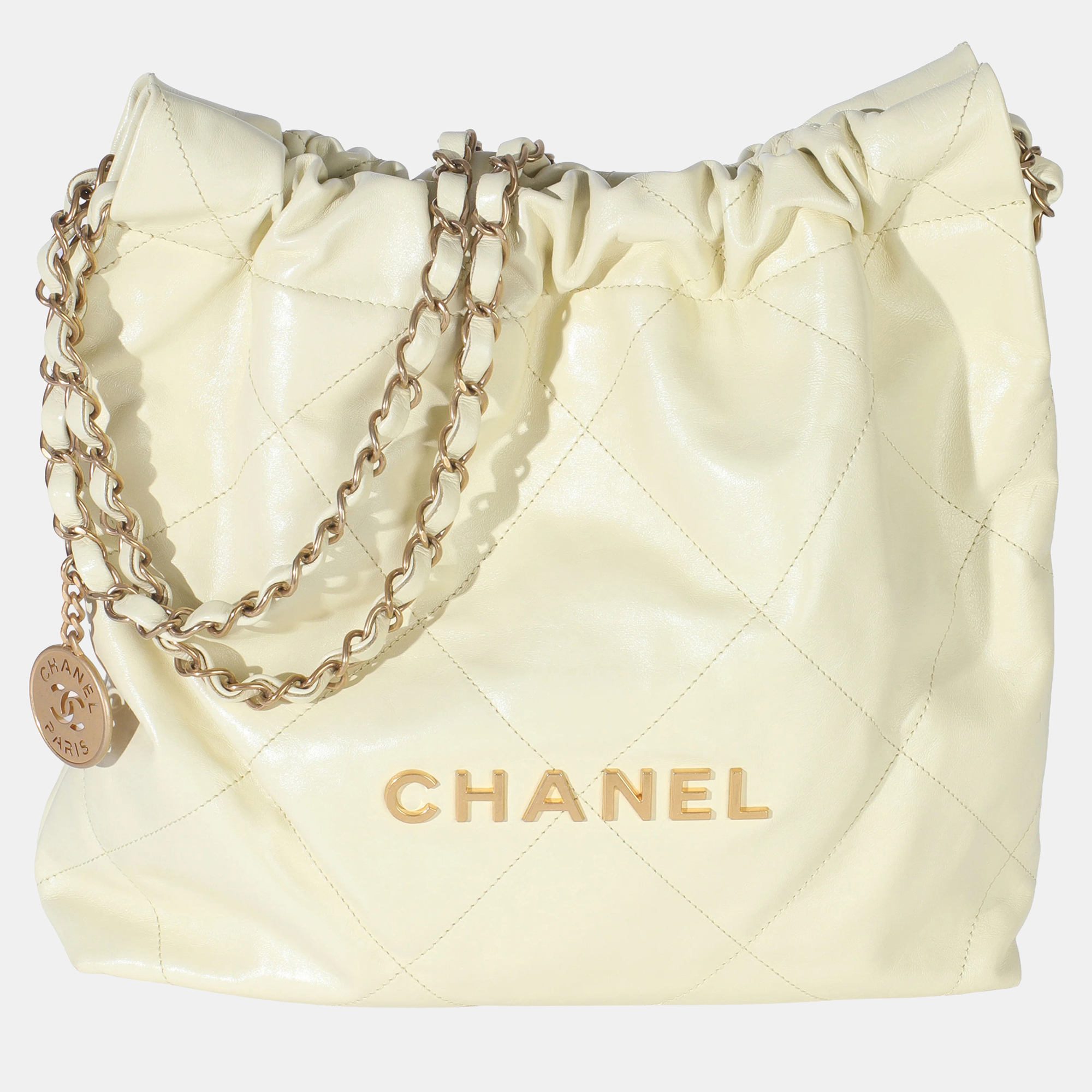 Chanel Pale Yellow Quilted Lambskin Chanel Small 22 Hobo
Chanel Pale Yellow Quilted Lambskin Chanel Small 22 Hobo