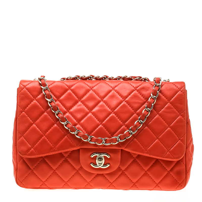 Chanel Coral Orange Quilted Leather Jumbo Classic Single Flap Bag