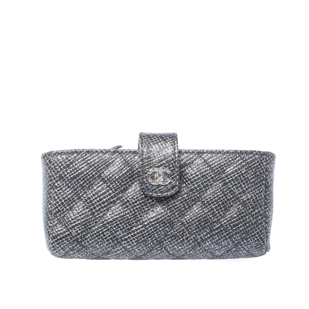 Chanel Black/Silver Quilted Leather CC Phone Holder Clutch