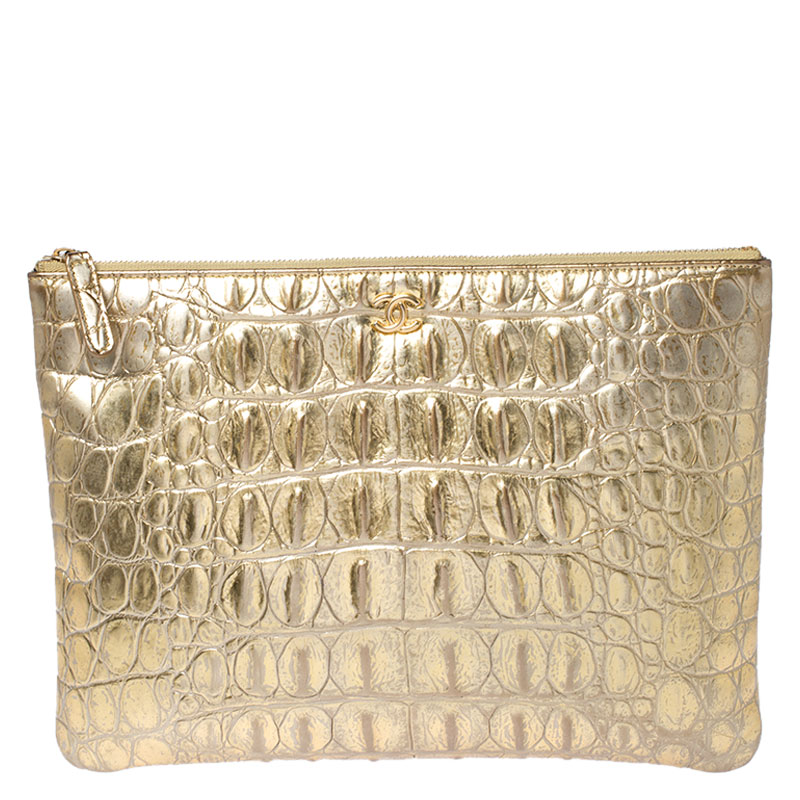 Chanel Gold Crocodile Embossed Leather Cosmetic Pouch