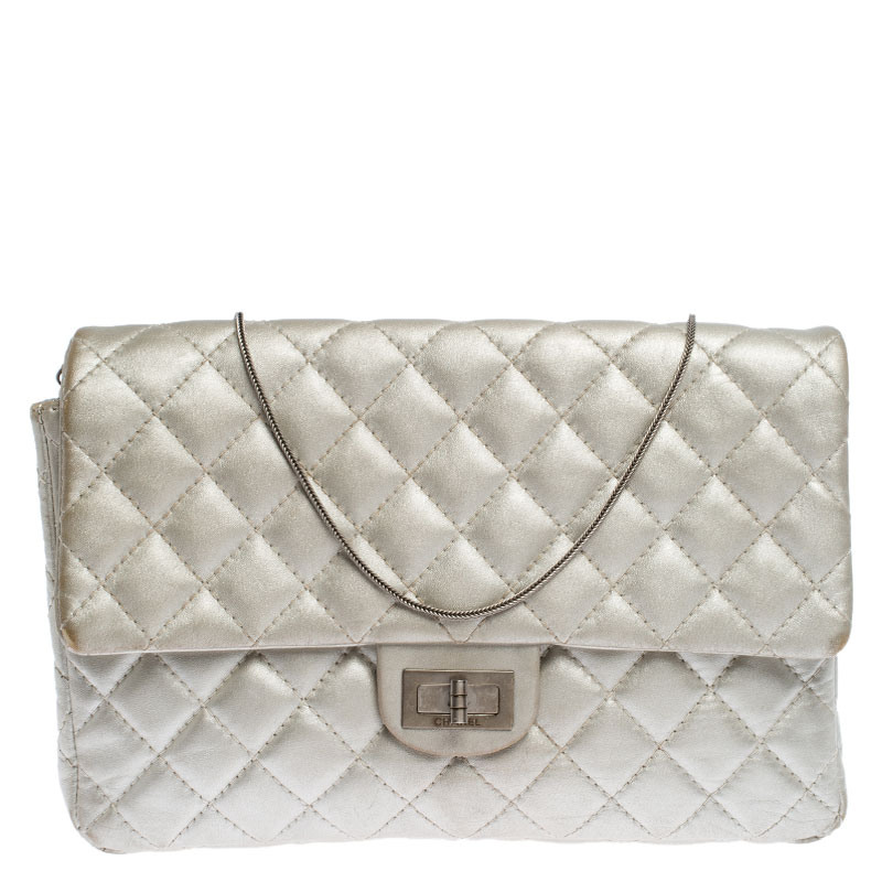 Chanel Silver Quilted Leather Reissue Chain Clutch