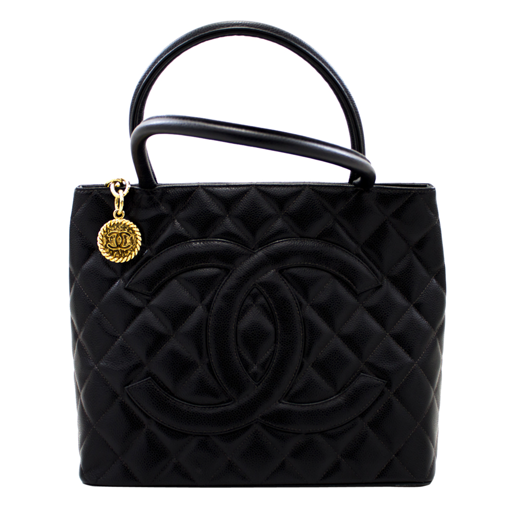 chanel black quilted caviar leather medallion tote