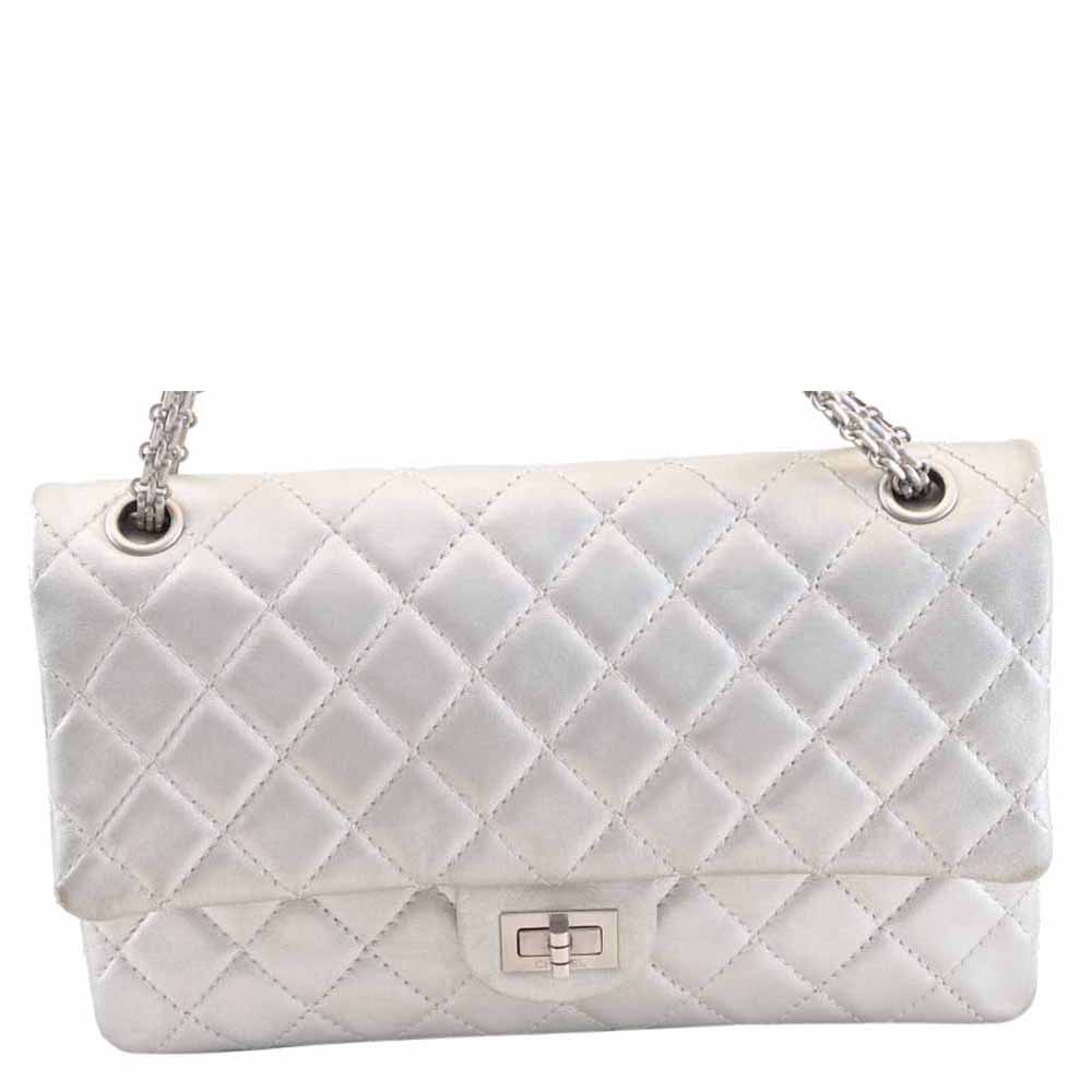 Chanel Silver Lambskin Leather Chain Shoulder Bag