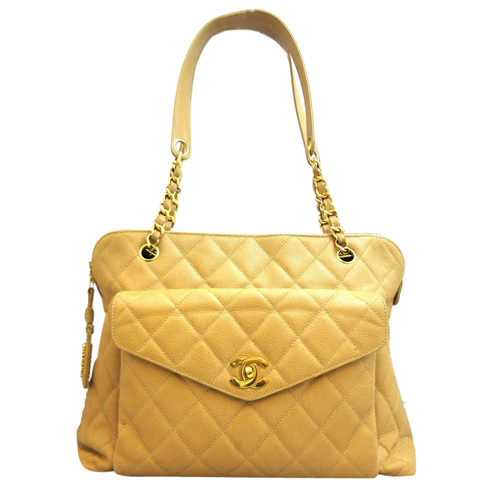 Image of Chanel Beige Quilted Caviar Leather Tote Bag
