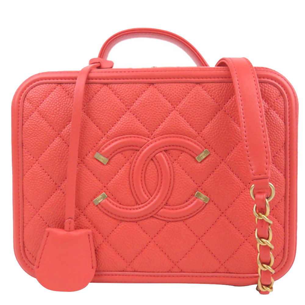 Chanel Red Caviar Leather CC Filigree Vanity Case
