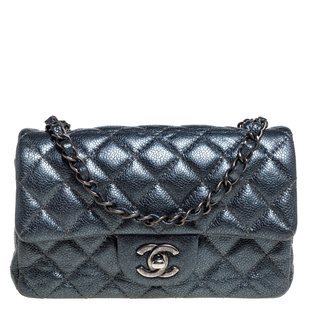 Chanel Metallic Dark Blue Quilted Leather New Mini Classic Single Flap Bag
