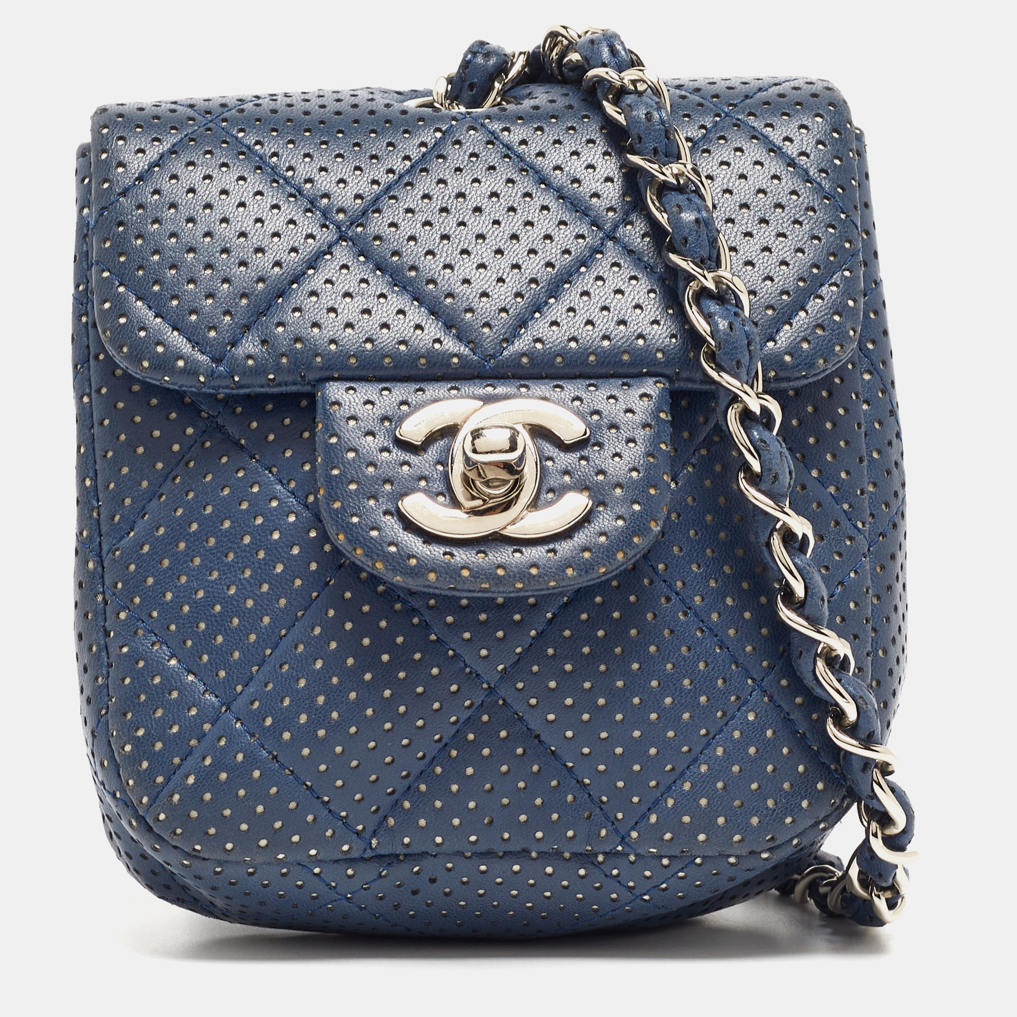 Chanel navy blue quilted perforated leather mini crossbody bag