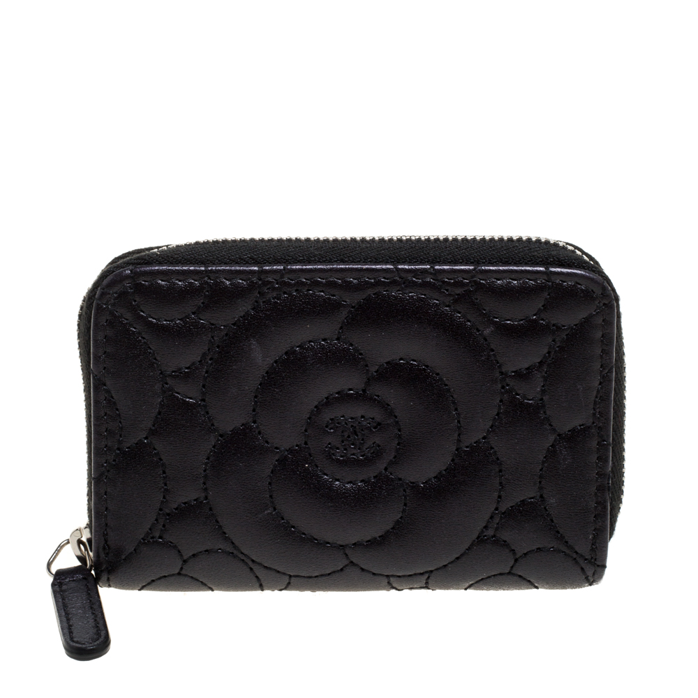 Image of Chanel Black Camellia Embossed Leather Zip Around Coin Purse