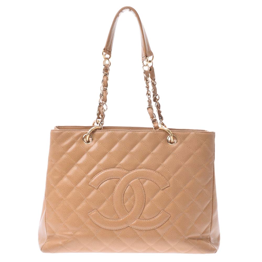 Image of Chanel Beige Caviar Leather Grand Shopping Tote Bag