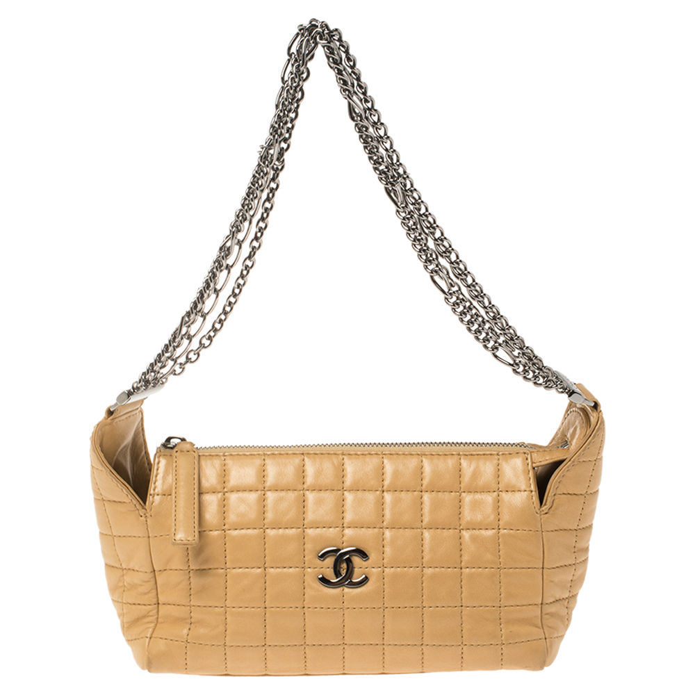 Image of Chanel Beige Chocolate Bar Leather Multiple Chain Baguette Bag
