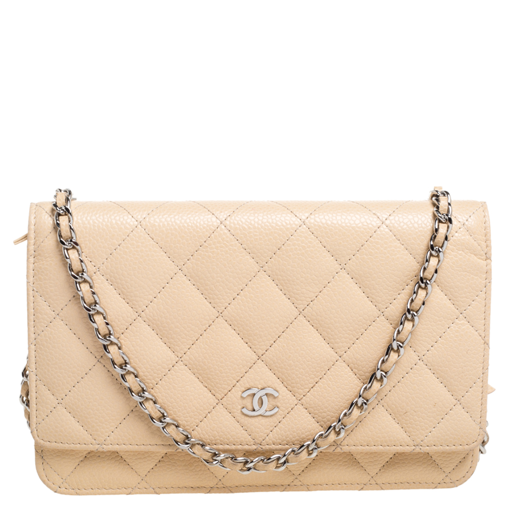 Image of Chanel Beige Quilted Leather Wallet On Chain