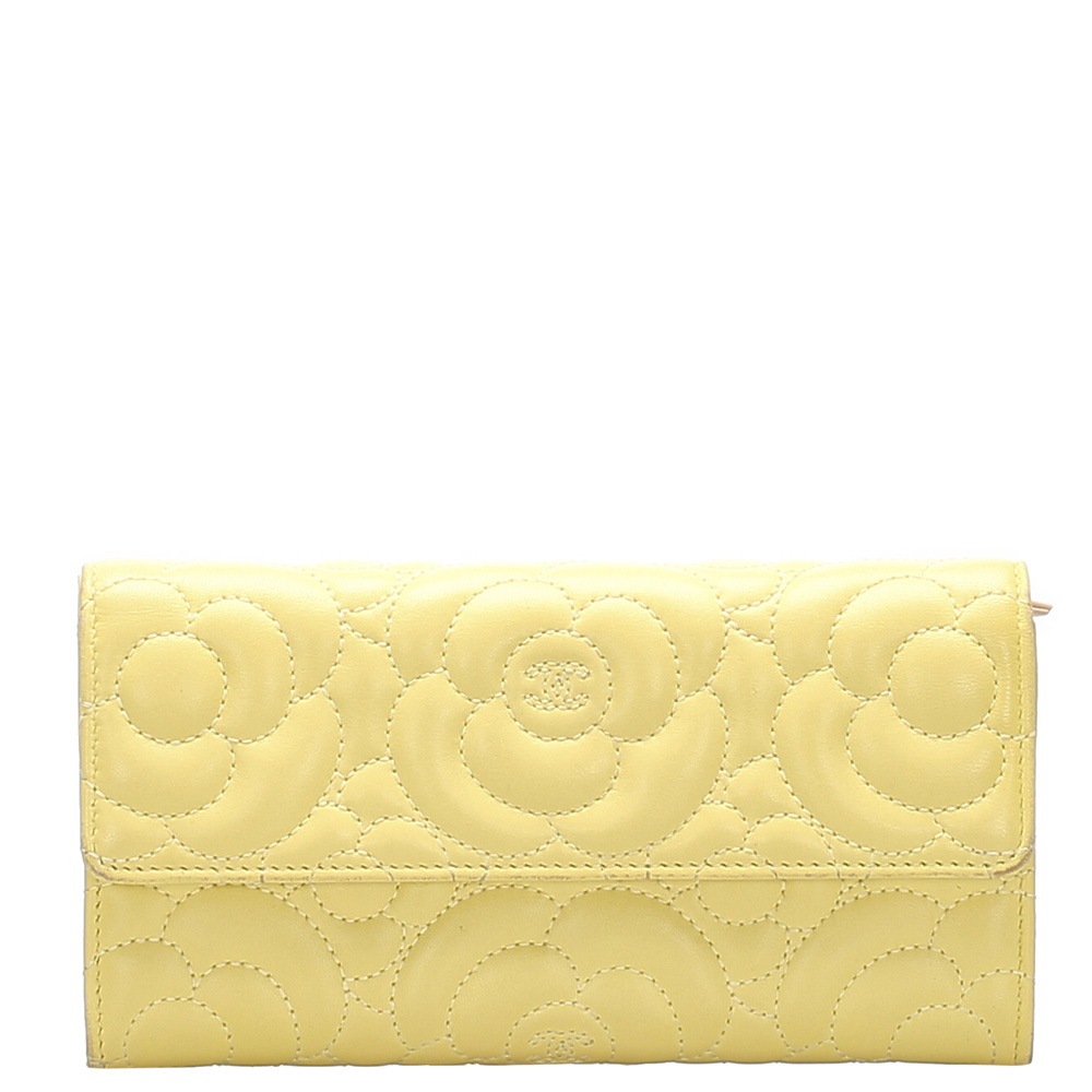 Chanel Yellow Lambskin Leather Camellia Flap Wallet