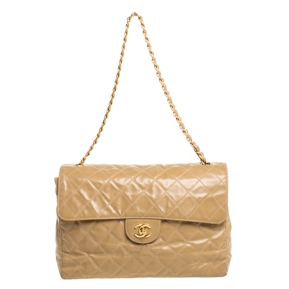 Image of Chanel Beige Quilted Leather Vintage Jumbo Single Flap Shoulder Bag