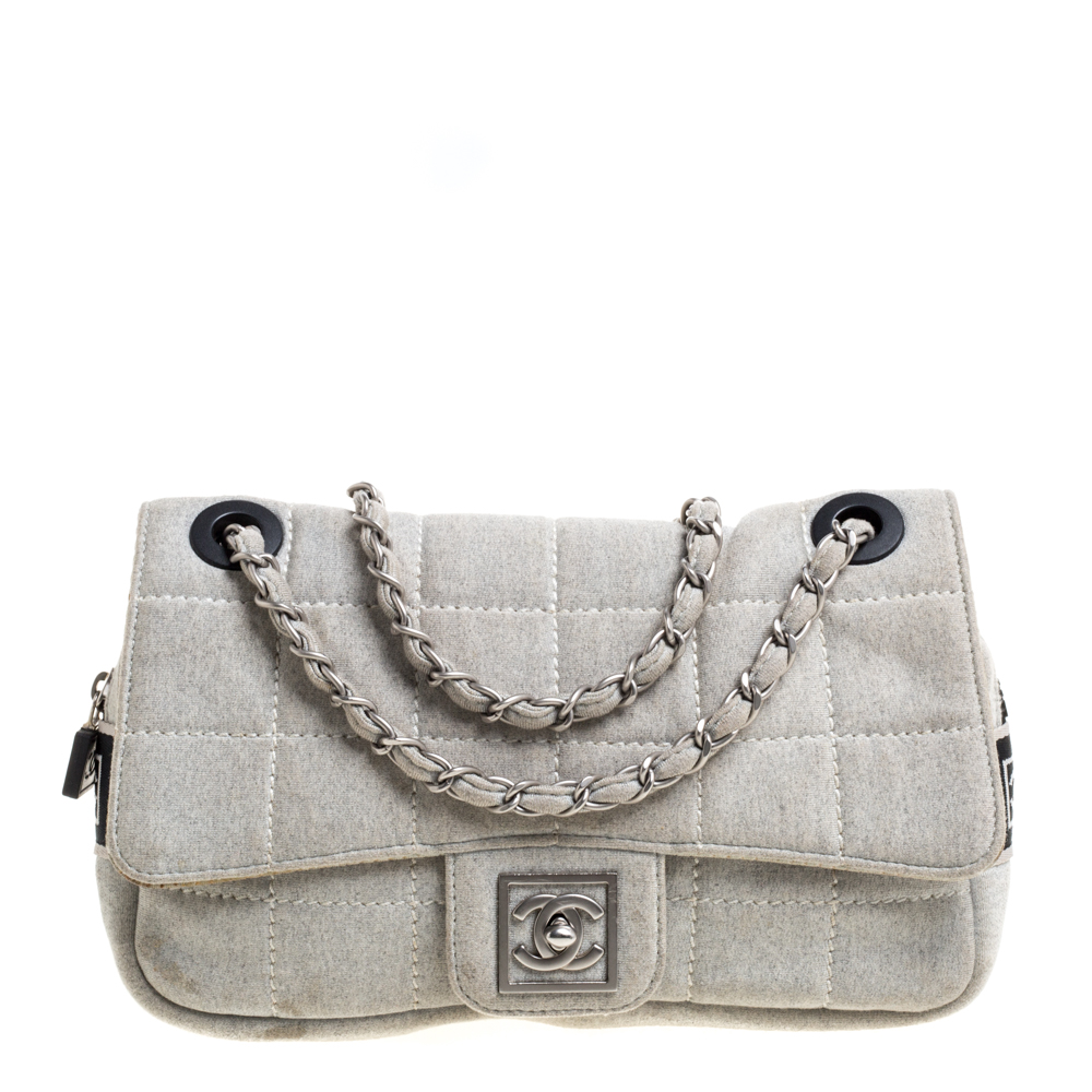 Chanel Light Grey Square Quilt Fabric Sport Line Flap Bag