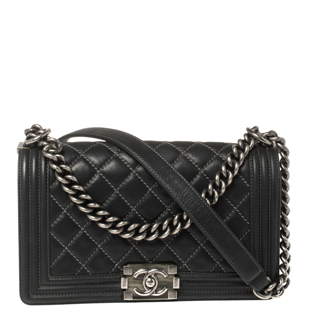 Chanel Black Quilted Leather and Nubuck Medium Wild Stitch Boy Flap Bag