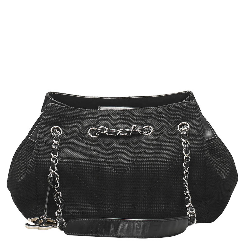 Image of Chanel Black Chevron Canvas Shoulder Bag