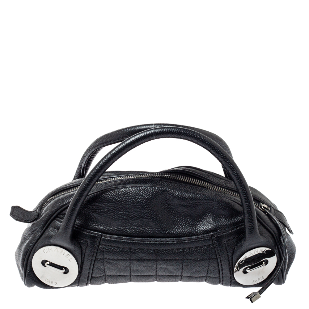 Image of Chanel Black Caviar Leather Button Dome Satchel