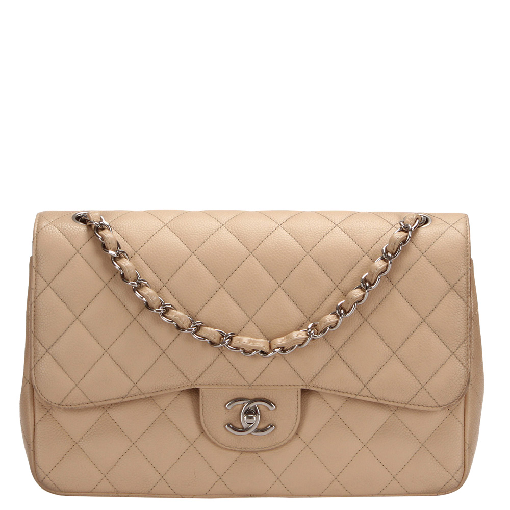 Chanel Beige Caviar Leather Jumbo Classic Double Flap Bag