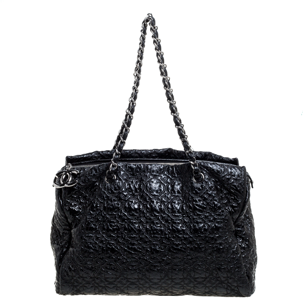 Image of Chanel Black Camellia Embossed Patent Leather Shoulder Bag