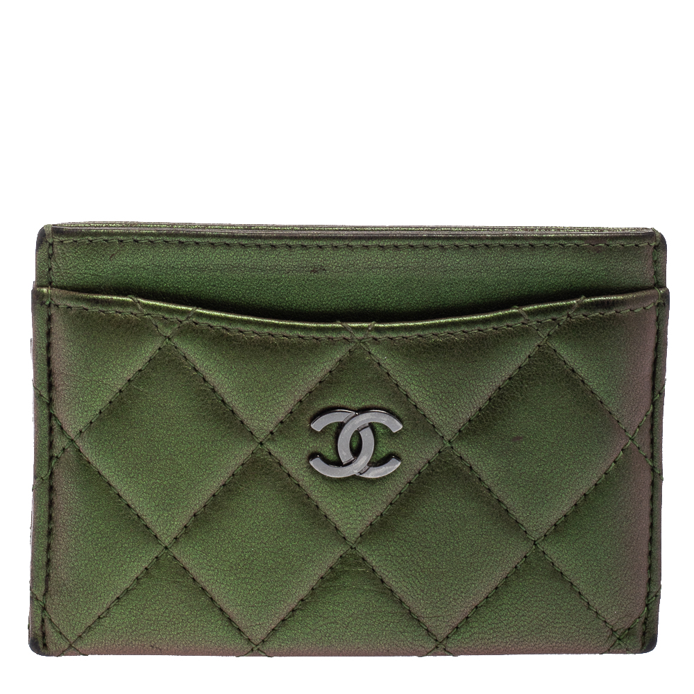Chanel Metallic Green Quilted Leather CC Card Case