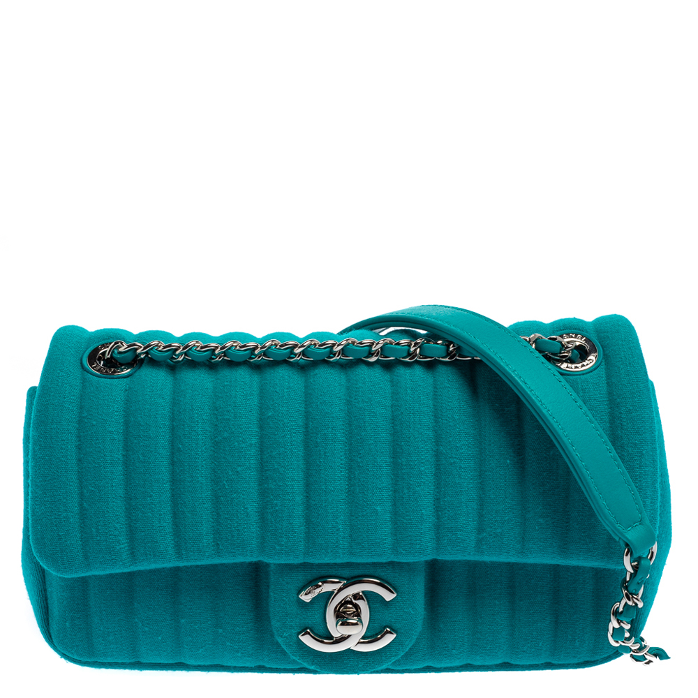 Chanel Aqua Green Vertical Quilted Jersey New Mini Flap Bag