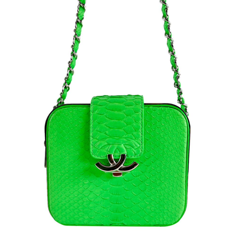 Chanel Neon Green Python Leather CC Box Camera Bag
