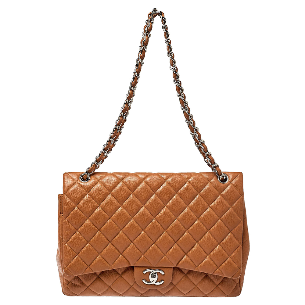 Chanel Tan Quilted Caviar Leather Maxi Classic Double Flap Bag