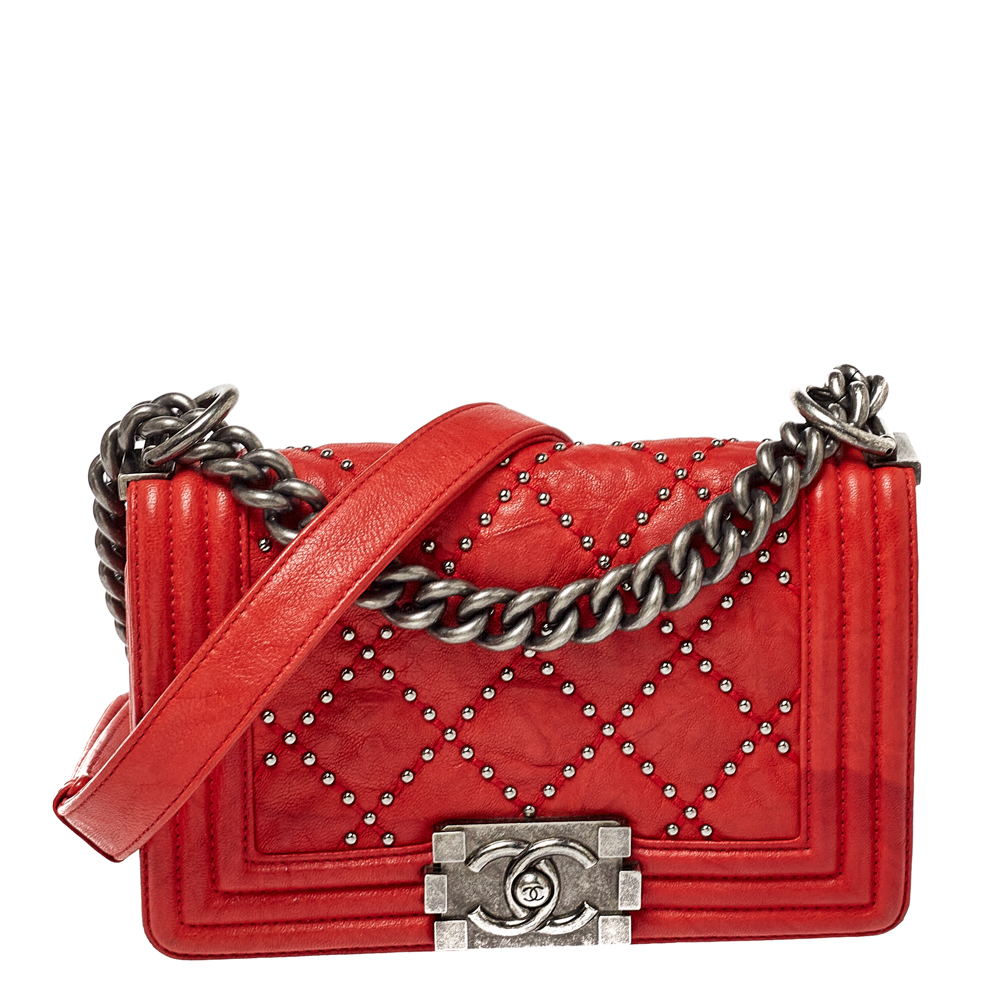 Chanel Red Quilted Studded Leather Small Boy Flap Bag