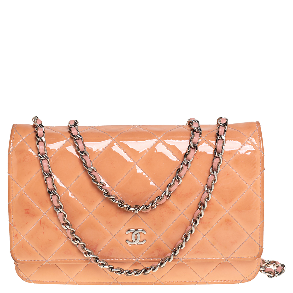 Chanel Pink Quilted Patent Leather Classic Wallet on Chain