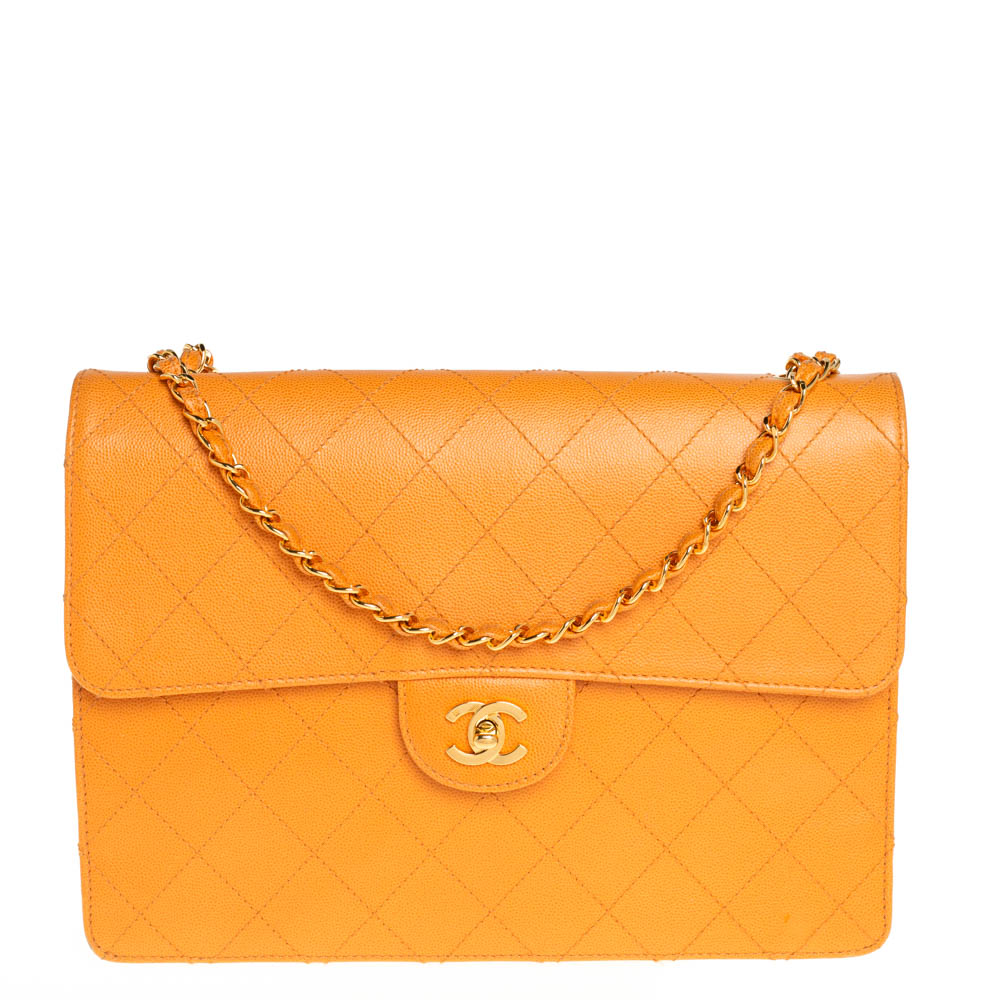 Chanel Mustard Yellow Quilted Textured Leather Vintage Classic Single Flap Bag