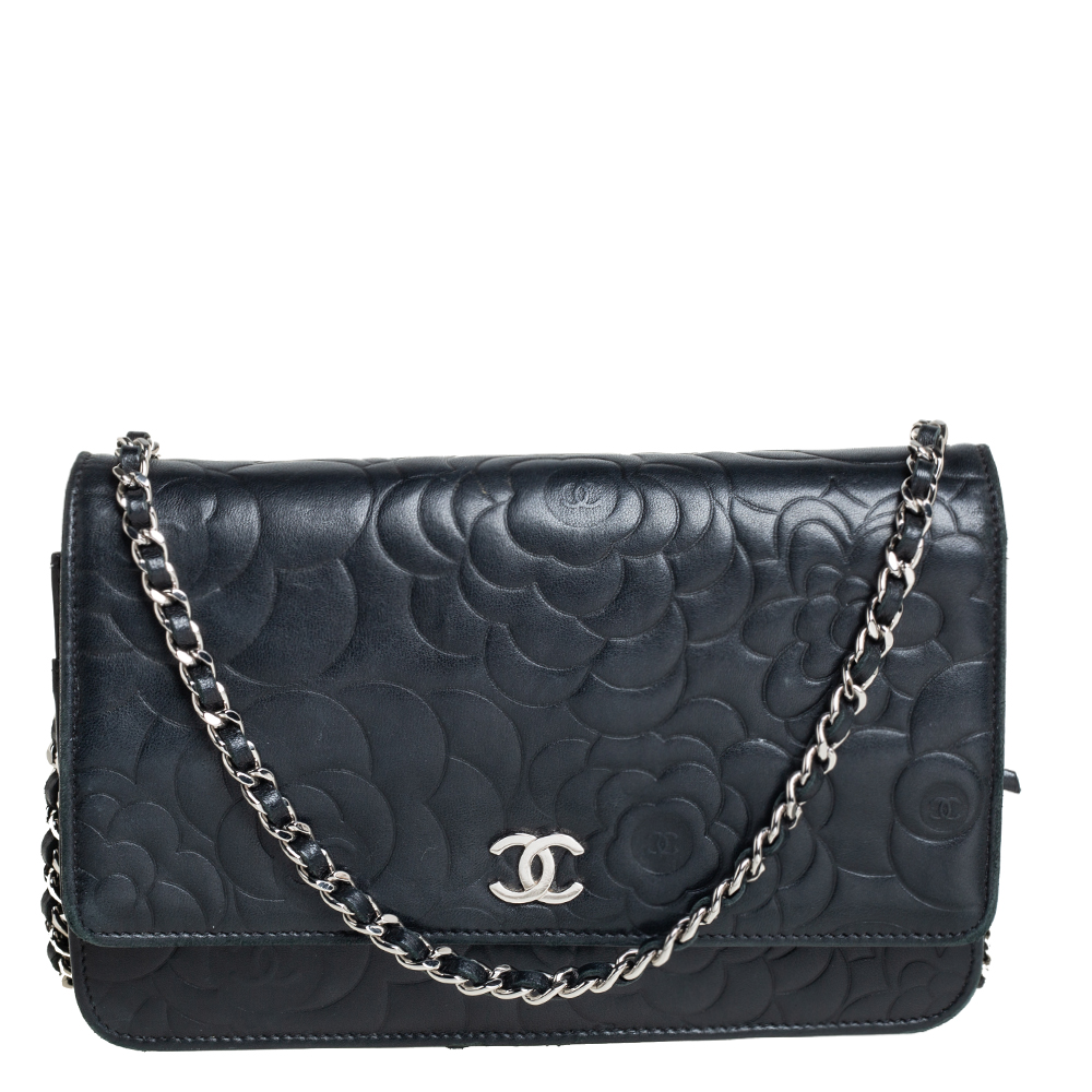Chanel Black Camellia Leather Wallet On Chain