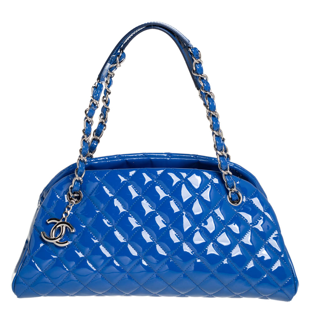 Chanel Blue Quilted Patent Medium Just Mademoiselle Bowling Bag