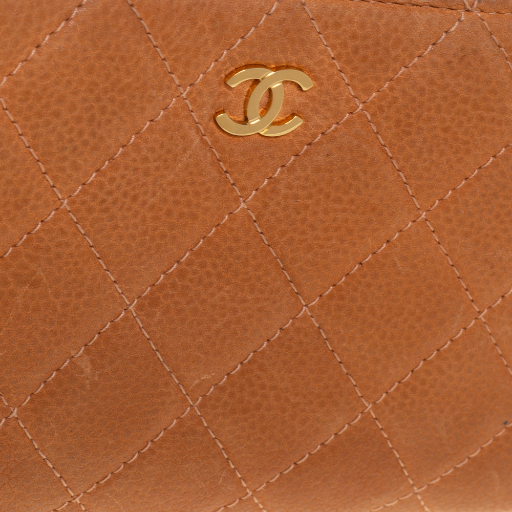 Chanel Orange Quilted Caviar Suede CC Zip Around Wallet